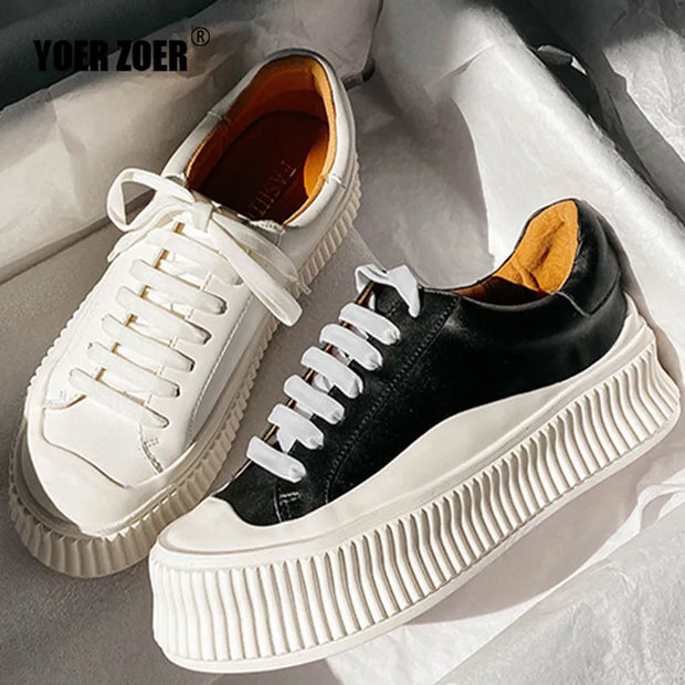 Women‘s platform heel Sneakers platform biscuit shoes Genuine Leather White shoes Casual Cowhide Leisuer Fashion college style