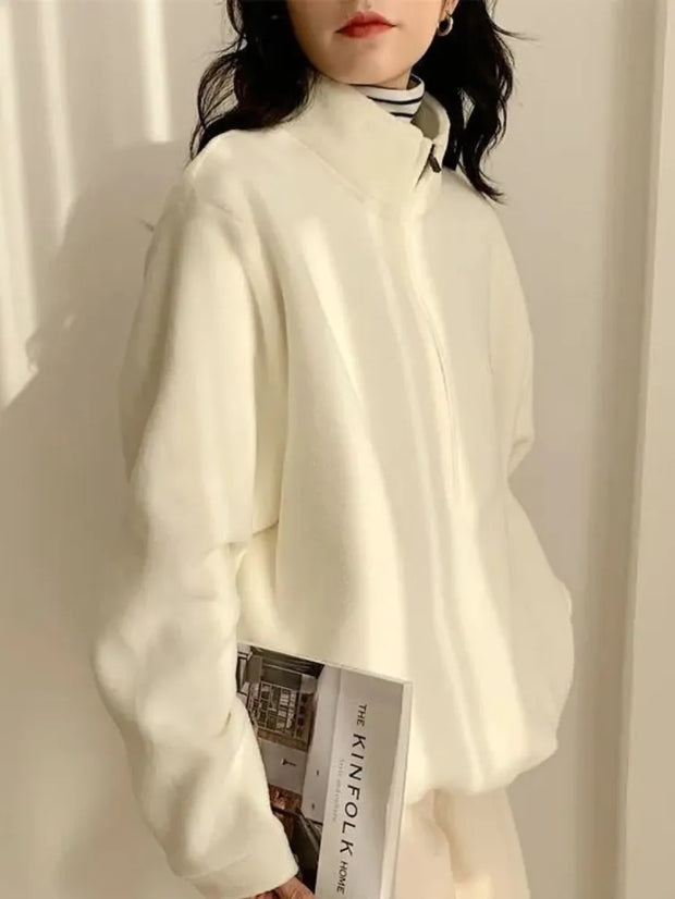 QWEEK Korean Warm Fleece Fluffy Zip Hoodies Women Casual Kpop Fashion Plus Velevt Sweatshirt Top 2022 Autumn Winter
