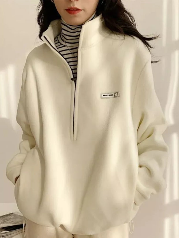 QWEEK Korean Warm Fleece Fluffy Zip Hoodies Women Casual Kpop Fashion Plus Velevt Sweatshirt Top 2022 Autumn Winter